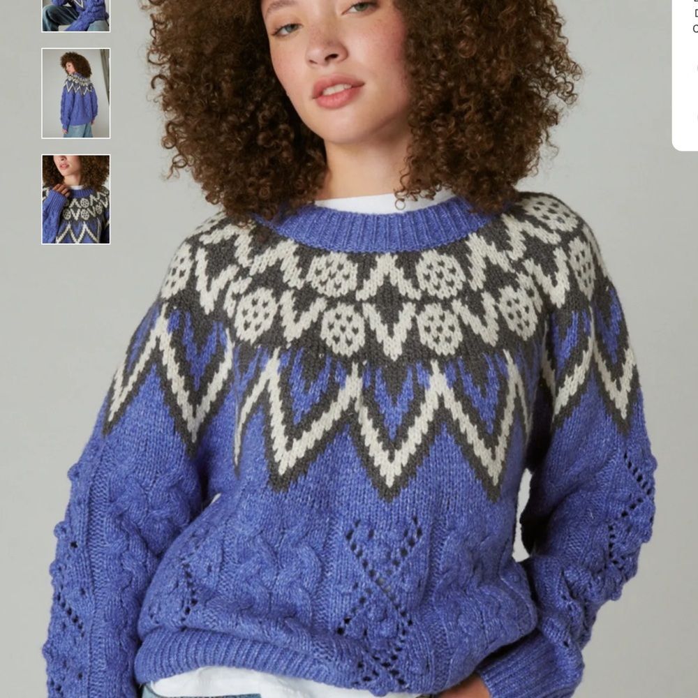 Lucky Brand Fair Isle Cable Knit Crewneck Sweater - Bleach Denim Women’s XS Prep